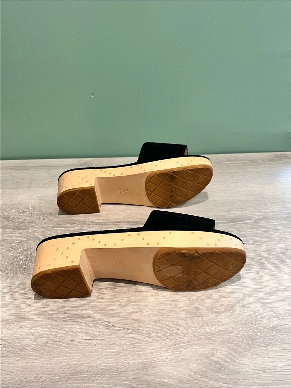 CHANEL Black Slide Mule with White CC Accent Wood Platform Clogs